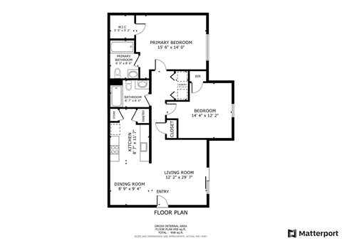 Floor plan for 2 beds, 2 baths, 1000 sqft